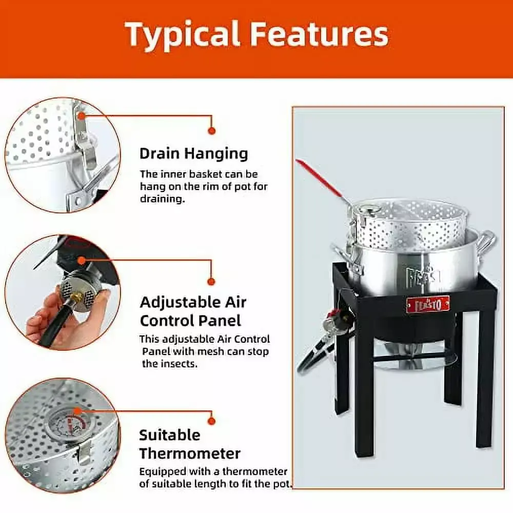 10 QT Propane Outdoor Fish Fryer Set. Outdoor Propane Deep Fish Fryer Pot with Binquireet. Adjustable Regulator. 50.000 BTU Gas Deep Fryer. Frame Standing. Fish Cooker. Outdoor Cooking