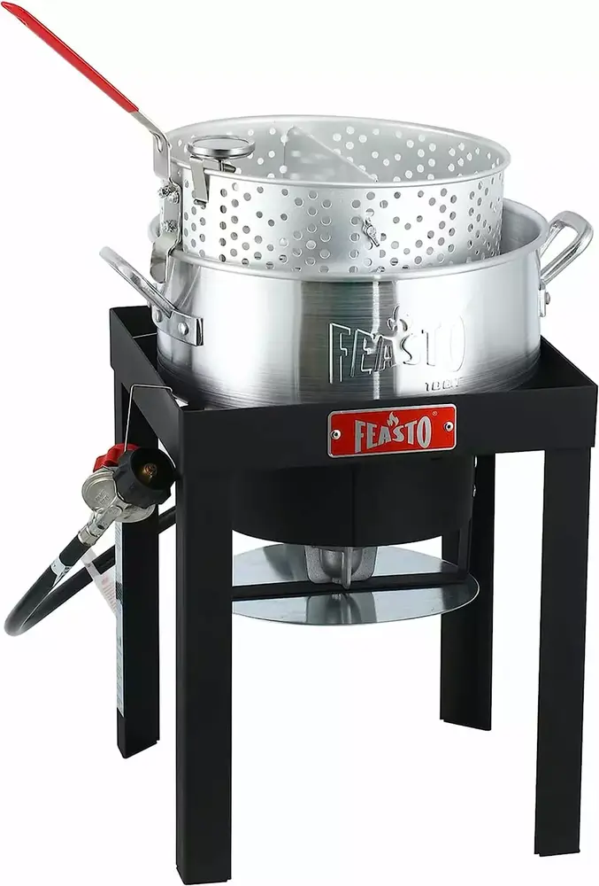 10 QT Propane Outdoor Fish Fryer Set. Outdoor Propane Deep Fish Fryer Pot with Binquireet. Adjustable Regulator. 50.000 btu Gas Deep Fryer. Frame Standing. Fish Cooker. Outdoor Cooking