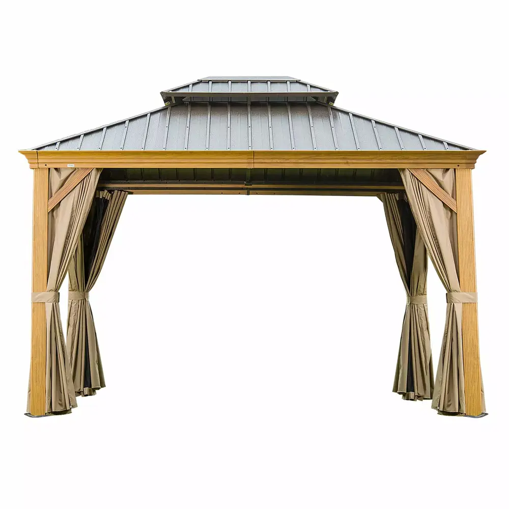10'X12' Hardtop Gazebo. Wooden Coated Aluminum Frame Canopy With Galvanized Steel Double Roof. Outdoor Permanent Metal Pavilion With Curtains And Netting For Patio. Deck And Lawn(Wood-Looking)