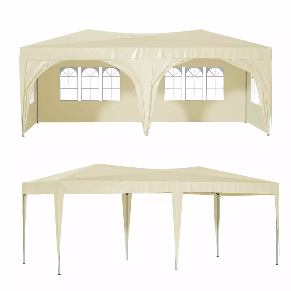 10'X20' Pop Up Canopy Tent with 6 Sidewalls. Ez Pop Up Outdoor Canopy for Parties. Waterproof Commercial Tent with 3 Adjustable Heights. Carry Bag. 6 Sand Bags. 6 Ropes and 12 Stakes. Beige