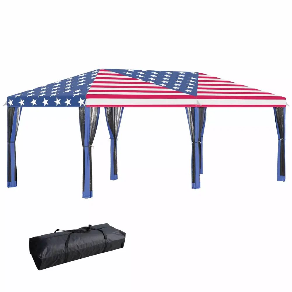 10' x 20' Pop Up Canopy Tent with Netting. Heavy Duty Instant Sun Shelter. Large Tents for Parties with Carry Bag for Outdoor. Garden. Patio. American Flag