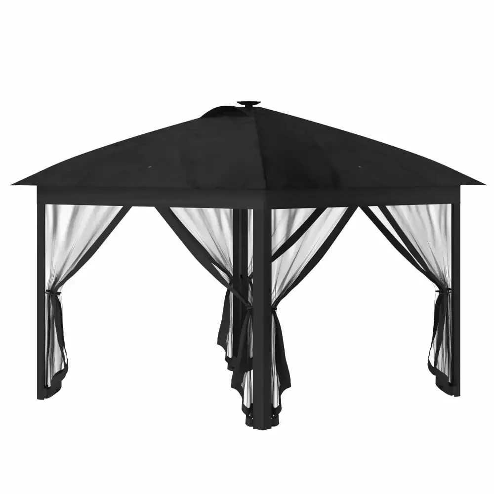 11' x 11' Pop Up Canopy. Instant Canopy Tent with Solar LED Lights. Remote Control. Zippered Mesh Sidewalls and Carrying Bag for Backyard Garden Patio. Black