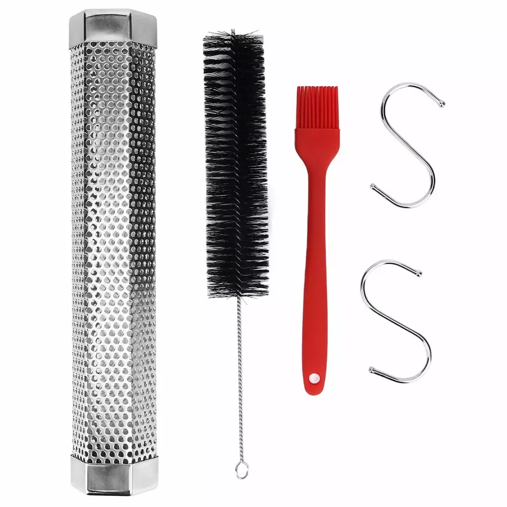 12 Inch Smoker Tube Stainless Steel Pellet Smoker Tube BBQ Smoked Box Fruit Wood Barbecue Tools with Brush Hook Flying Clothing QINAN
