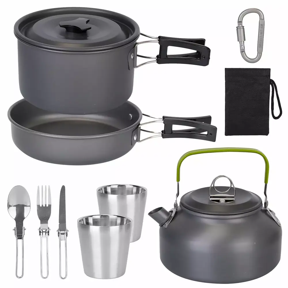 12pcs Camping Cookware Mess Kit. iMounTEK Non-Stick Lightweight Pot Pan Kettle Set with Stainless Steel Cups Forks Knives Spoons for Campin