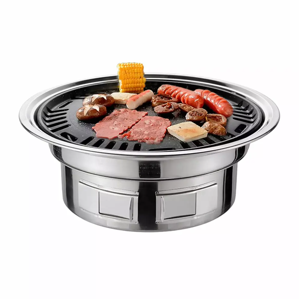 13-Inch Multifunctional Korean BBQ Charcoal Grill - Round Camping Stove with Smoker Grill Net & Tray for Courtyard. Picnic. Beach Barbecue