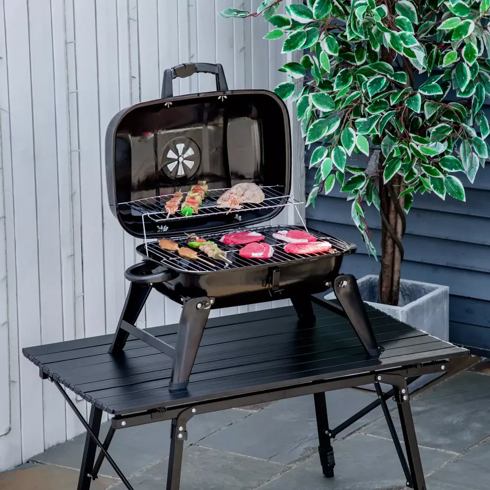 14 Travel-friendly Charcoal Grill. Tabletop Small BBQ Grill for Outdoor Cooking. Camping. Tailgating. Enamel Coated. Vent. Folding Legs. Black