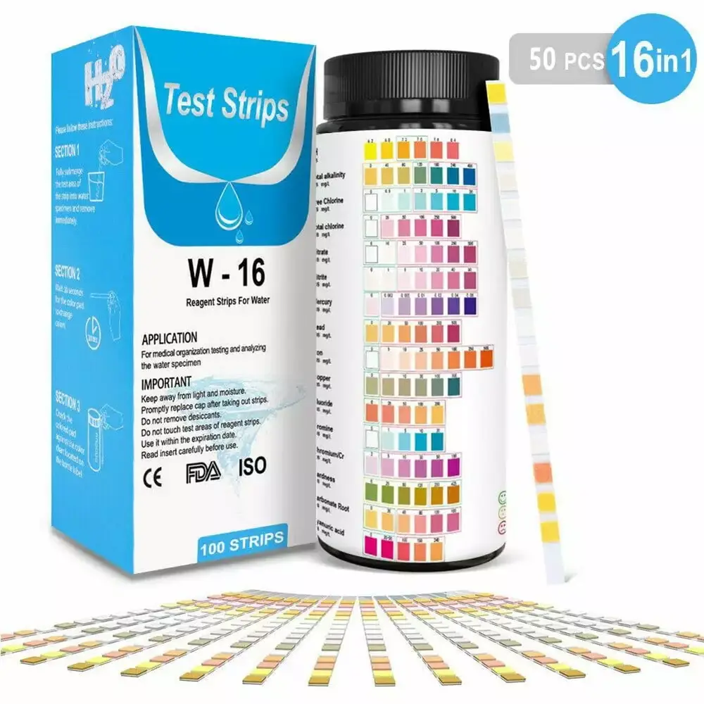 16 in 1 Premium Drinking Water Test Kit - 50Strips - Home Water Quality Test - Well and Tap Water - Easy Testing for Lead. Bacteria. Hardness. Fluoride. pH. Iron. Copper