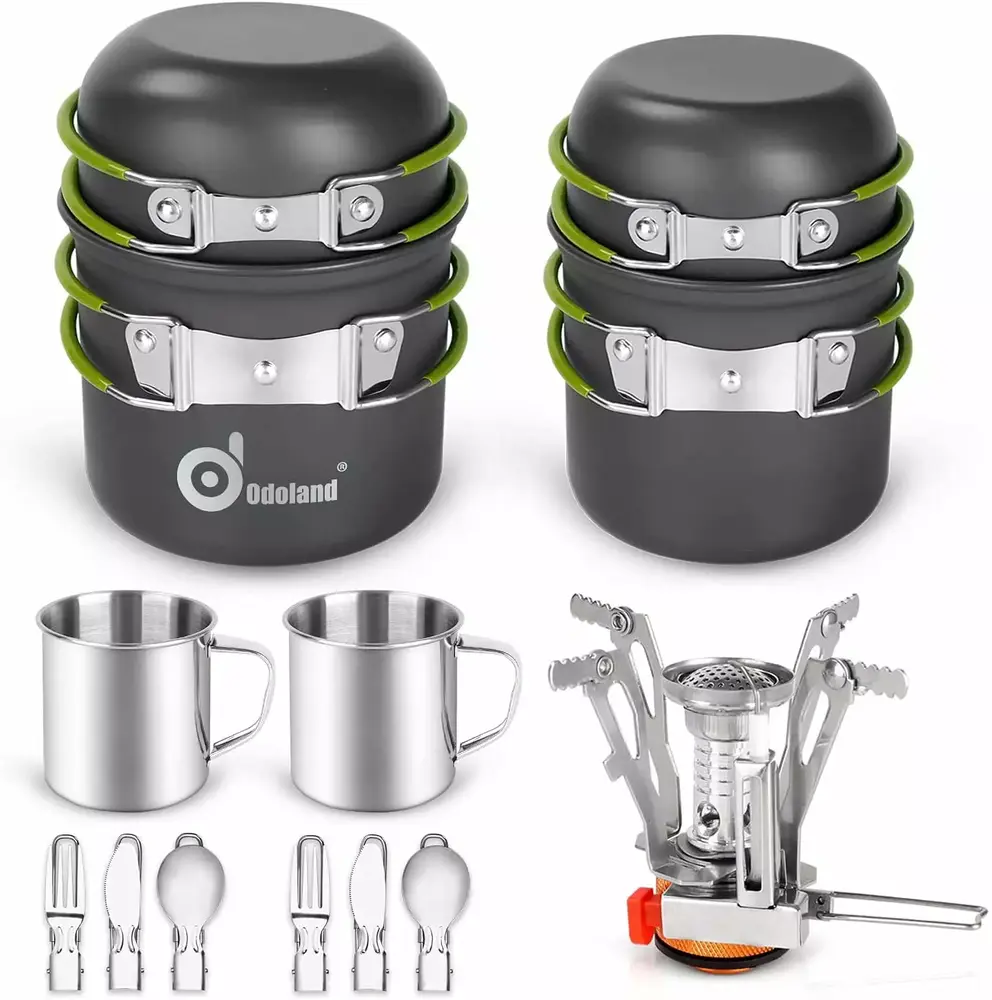 16pcs Camping Cookware Mess Kit. Lightweight Pot Pan Mini Stove with 2 Cups. Fork Spoon Kits for Backpacking. Outdoor Camping Hiking and Picnic