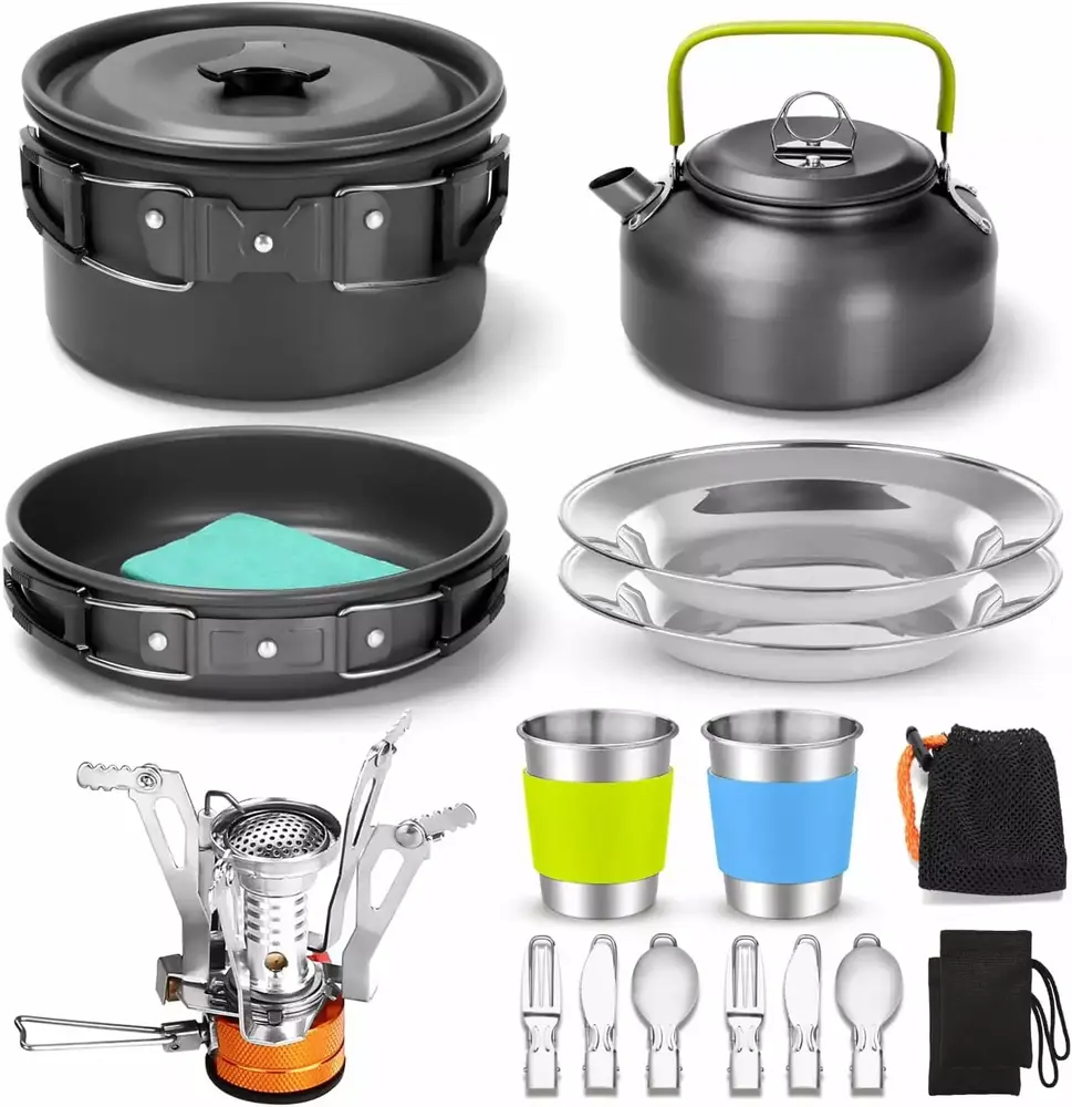 16pcs Camping Cookware Set with Folding Camping Stove. Non-Stick Lightweight Pot Pan Kettle Set with Stainless Steel Cups Plates Forks Knives Spoons for Camping Backpacking Outdoor Picnic