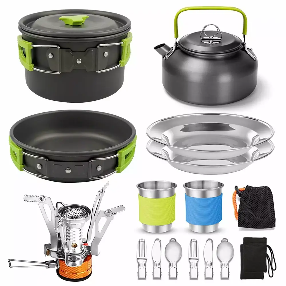 16pcs Camping Cookware Set with Folding Camping Stove. Non-Stick Pot Pan Kettle Set with Stainless Steel Cups Plates Forks Knives Spoons for Outdoor Camping Hiking Backpacking Cooking and Picnic