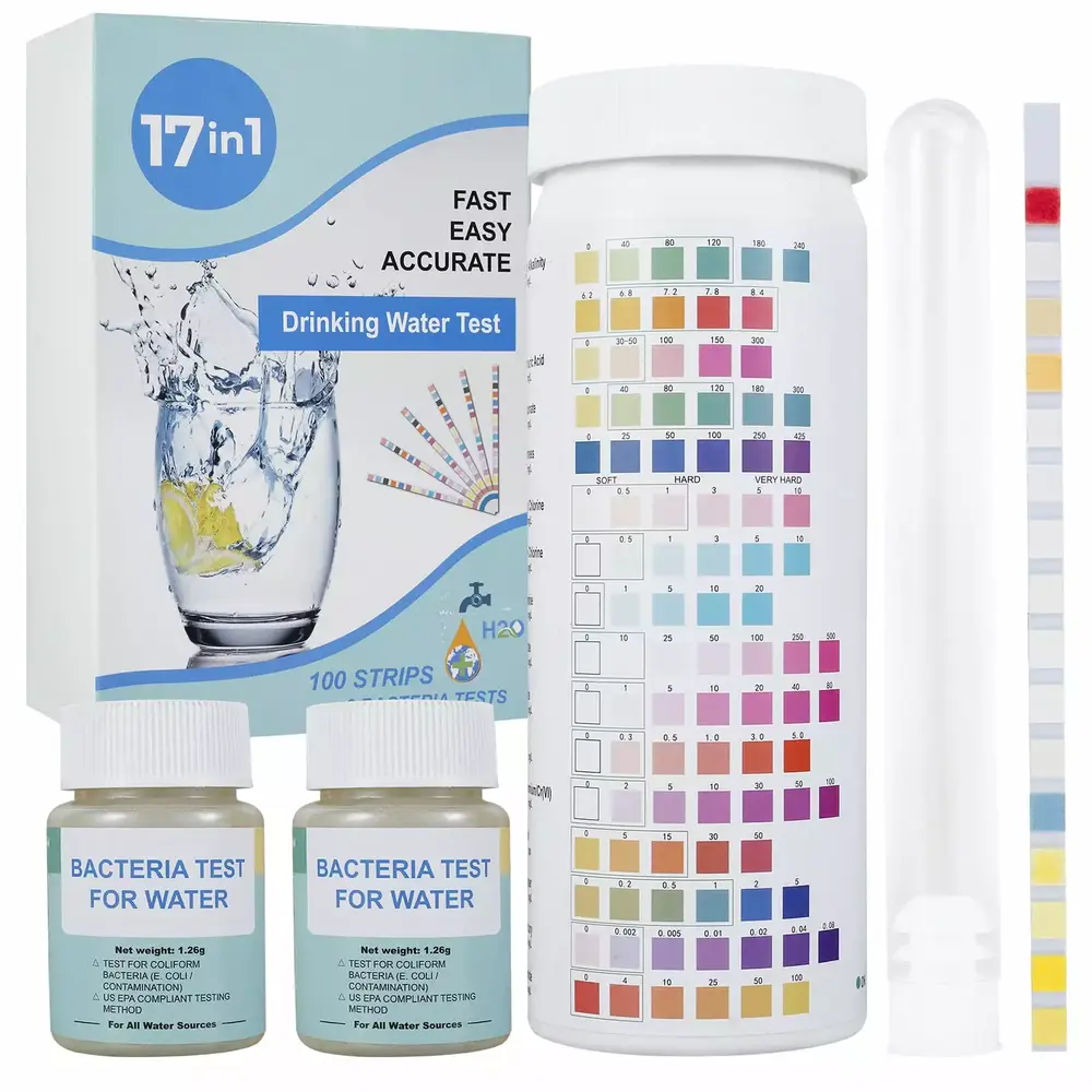 17 in 1 Premium Drinking Water Test Kit 100 Strips 2 Bacteria Tests.Home Water Quality Test.Well and Tap Water.Easy Testing for Lead.Bacteria Hardness Fluoride pH Iron Copper and more