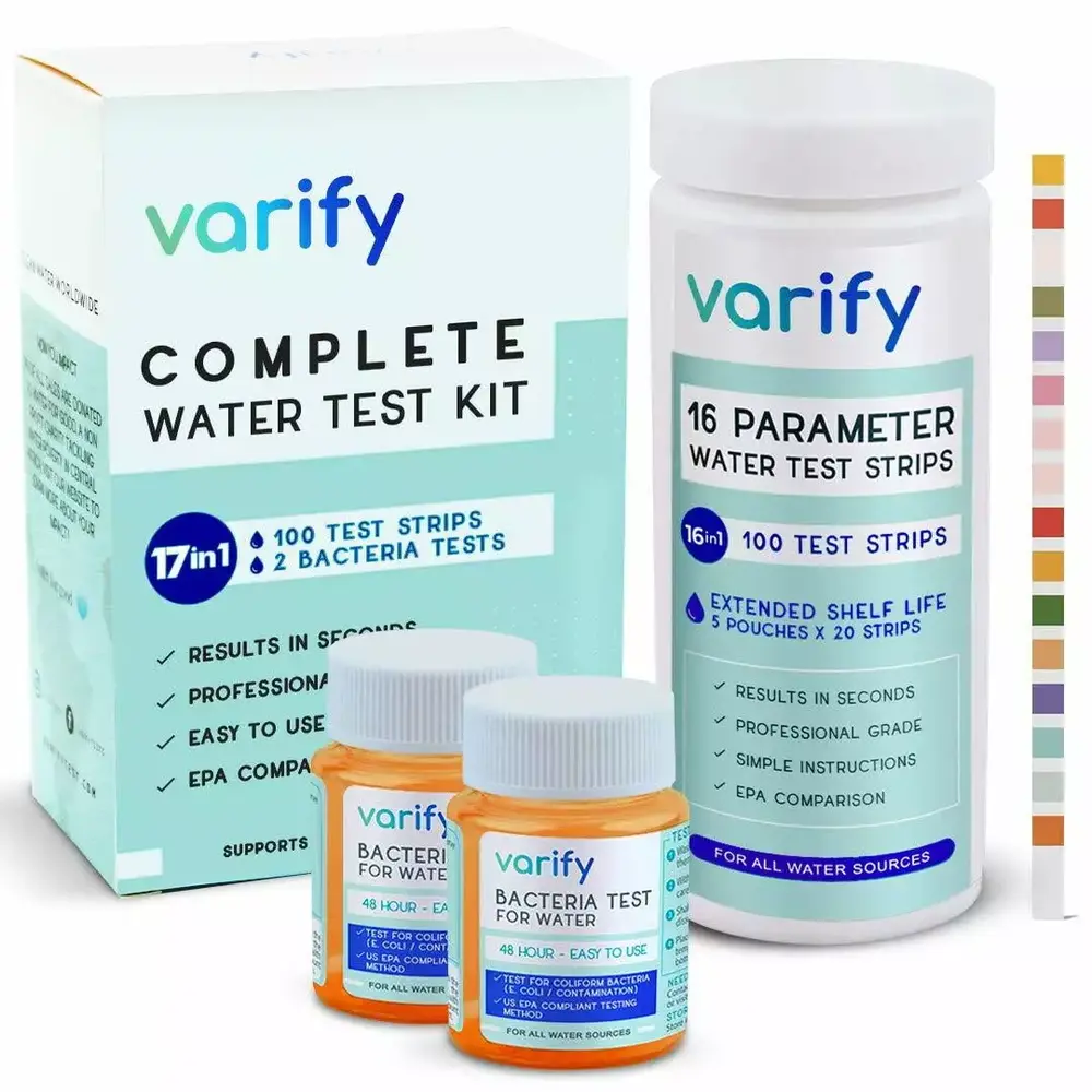 17 in 1 Premium Drinking Water Test Kit - 100 Strips + 2 Bacteria Tests - Home Water Quality Test - Well and Tap Water - Easy Testing for Lead. Bacteria. Hardness. Fluoride. pH. Iron. Copp