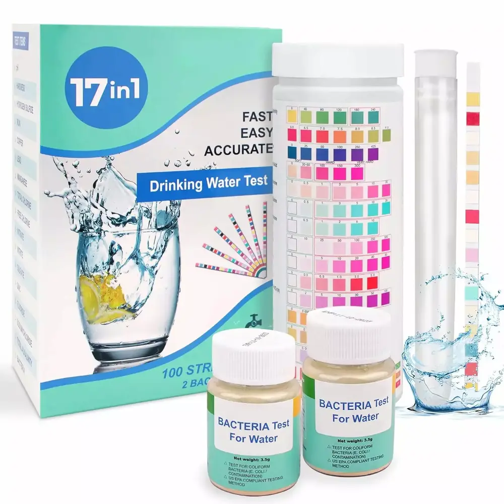 17 in 1 Premium Water Testing Kits.Drinking Water 100 Strips+2 Bacteria Tests Home Water Quality Test Well and Tap Water Easy Testing for Lead. Bacteria. Hardness. Fluoride. pH. Iron. Copper