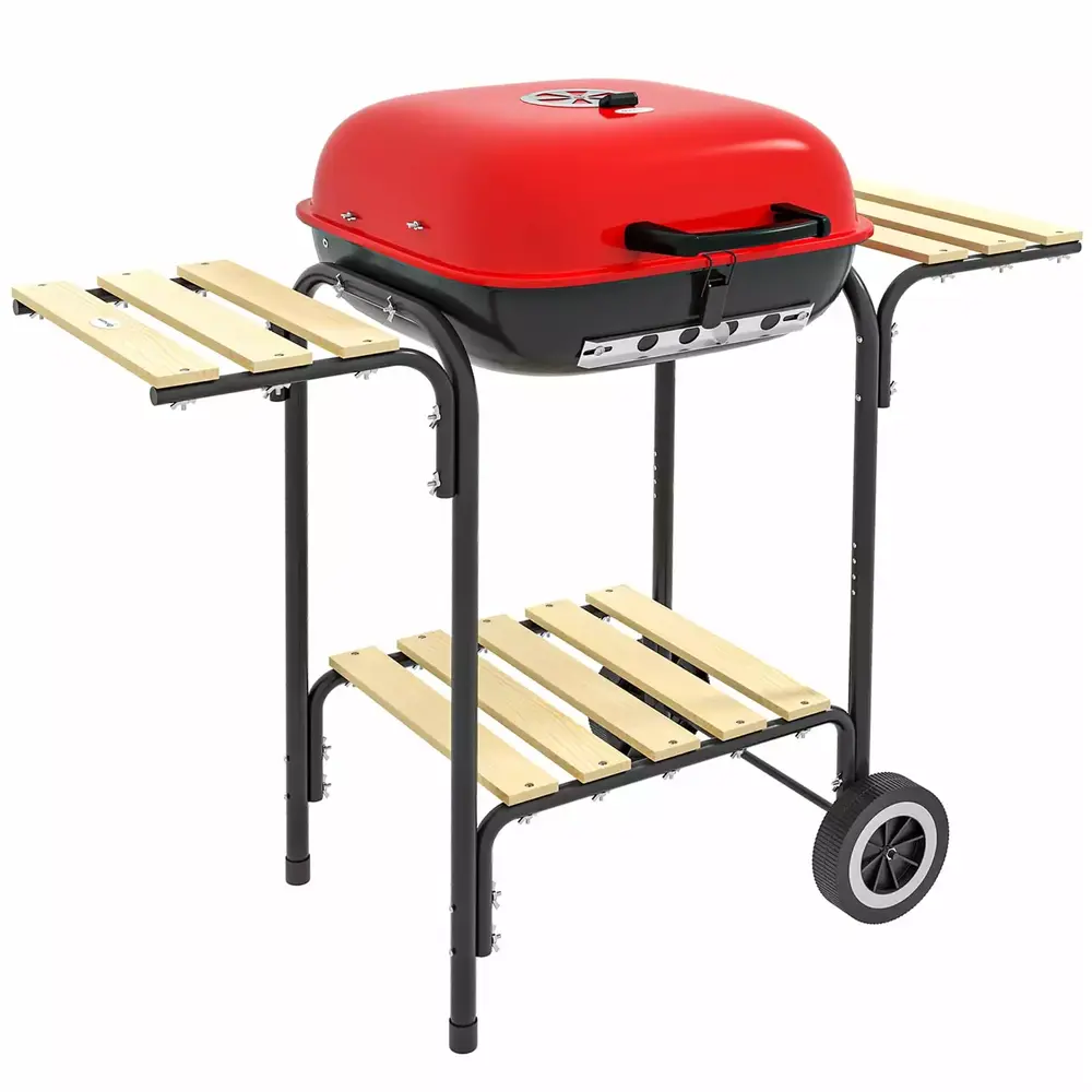 17 Travel-friendly Charcoal Grill with 2 Side Tables. Bottom Shelf and Wheels. Rolling BBQ Grill with Adjustable Vents on Lid for Picnic Camping. Backyard Cooking. Red