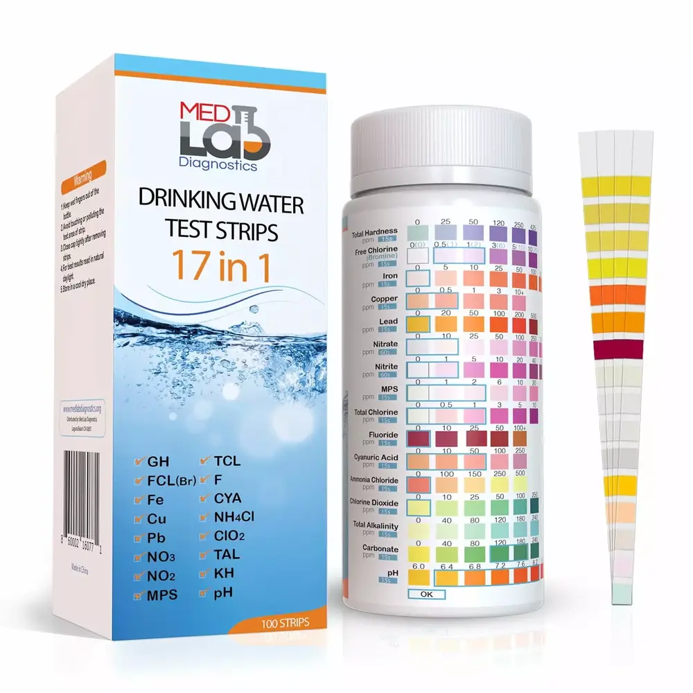 17 in 1 Drinking Water Testing Kit Strips(100ct) for Pool. Spa. Hot Tubs. Tap. and Well Water. Testing for Hardness. ph. Chlorine. Fluoride. and More