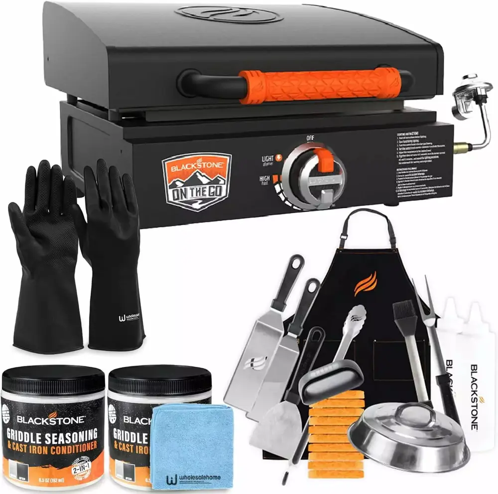 17 inch Blackstone Griddle with Hood. Tabletop Outdoor Flat Top Grill Propane Travel-friendly Gas Grill for Camping and BBQ Grill with Blackstone Accessories. Seasoning. and Wholesalehome Gloves and Cloth