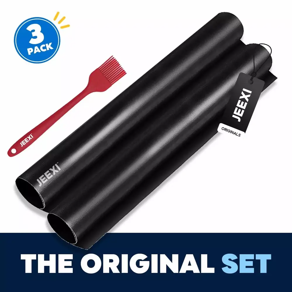 2 Pack of Extra Thick Large Oven Liners 17x 25.0.3mm + Silicone Brush Heavy Duty Non Stick Teflon Grill Mats. BPA and PFOA Free. for bottom of Electric Oven Gas Oven Microwave Charcoal or Gas Grills