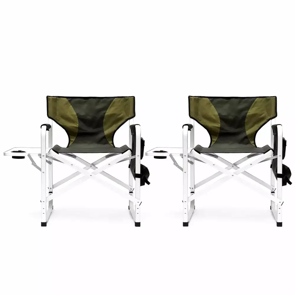 2 Pack Heavy Duty Camping Chair Folding Director Chair Supports 400lbs Oversized Camp Chair for Adults Padded Seat Lawn Folding Chair with Side Table and Side Pockets (Green)