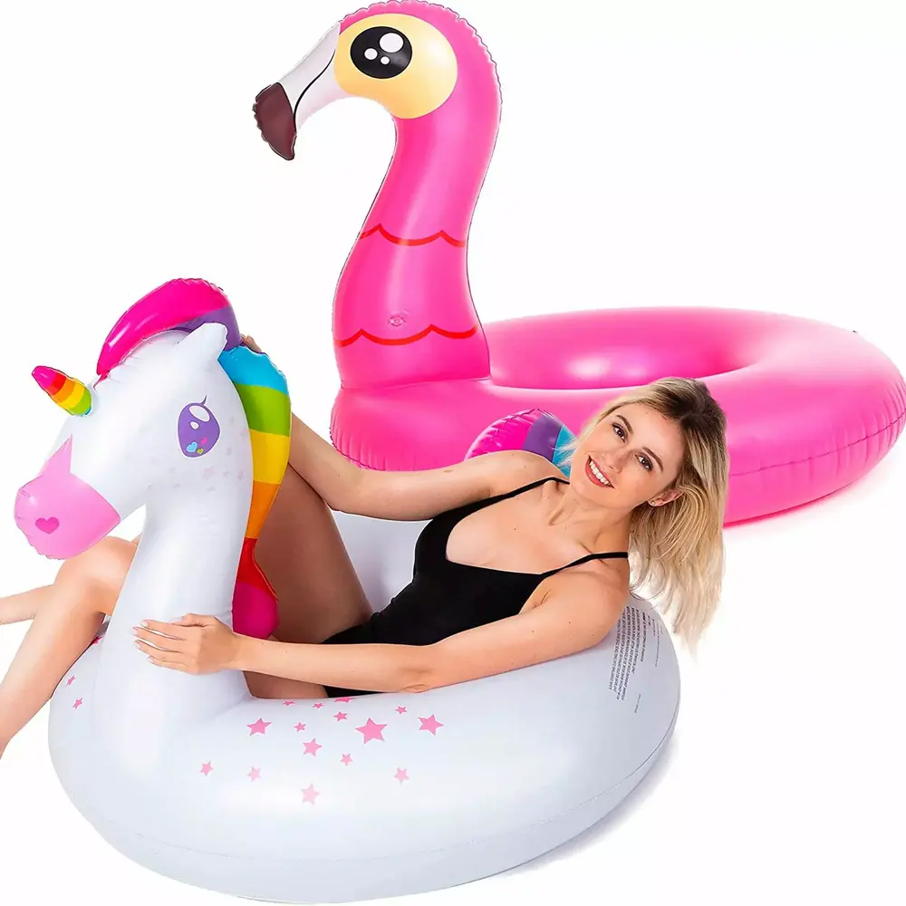 2 Pack Inflatable Flamingo and unicorn Pool Float Fun Beach Floaties. Swim Party Toys. Summer Pool Raft Lounger for Adults & Kids (Inflates to Over 4ft. Wide)