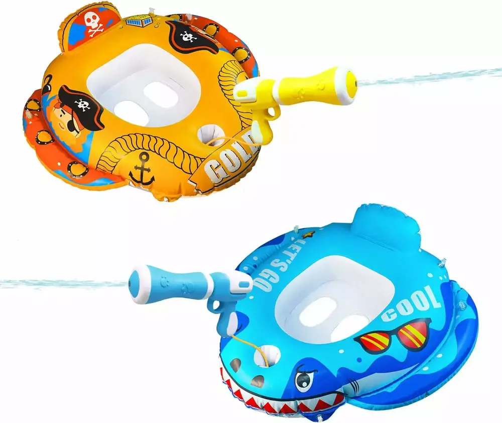 2 Pack Kids Pool Float with Water Gun. Inflatable Ride-on Shark Swimming Toddler Pool Toys for Boys and Girls for Aged 3-8 Years
