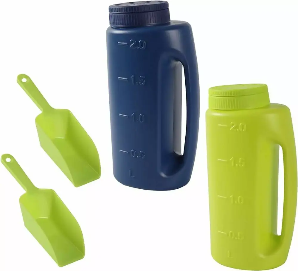 (2-Set) Multipurpose 2L Handheld Spreaders (Blue and Green) - Handheld Shakers for Seeds. Fertilizer. Salt. and More - With an Adjustable Dial for 7 Opening Modes - Includes 2 Scoops (Green)