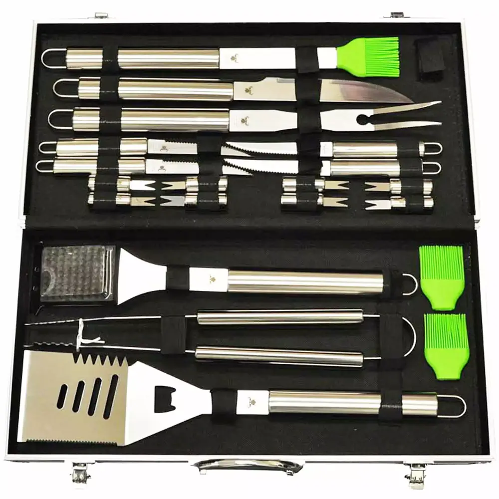 20-Piece Stainless-Steel BBQ Tool Kit. Strong. Sturdy. Heavy Duty Grilling Tool Kit in Travel-friendly Aluminium Carrying Case. Dishwasher Protect