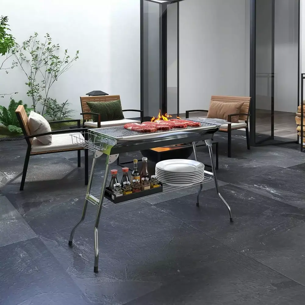 Charcoal Grill. Stainless Steel Travel-friendly Folding BBQ. Outdoor Hibachi for Backyard Cooking. Camping. Picnic. Party. Tailgating and Travel with Pan. Grill Rack. Shelves. and Hooks - Image 3