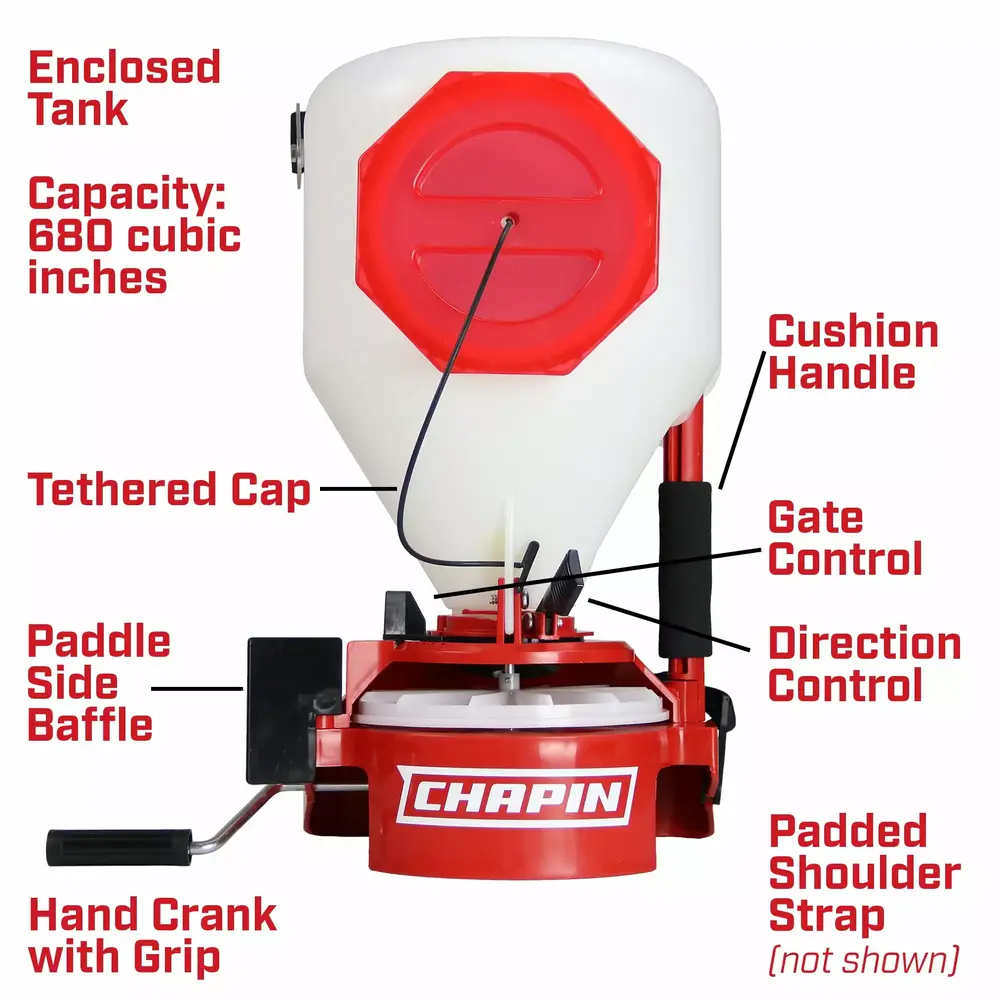 Chapin 8700A: 680 Cubic Inch Capacity Chest Mounted Turf Spreader with Easy Fill Poly Hopper. for Small Spaces. Food Plots. Gardens and Landscaping. Translucent White Tank - Image 3
