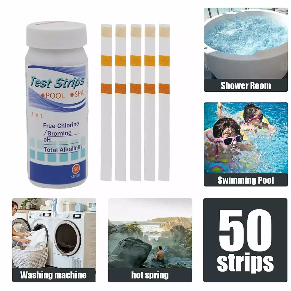 3 in 1 Pool and Spa Test Strips. 50Pcs Strips Fast and Accurate Water Quality Testing Kit for Swimming Pool and Spa for Free Chlorine/Bromine. PH. Total Alkalinity