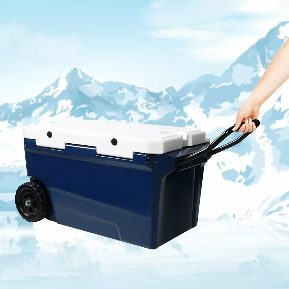 50QT Cooler. Portable Ice Chest Cooler with Carry Handle. Wheels. Latches. Ideal for Camping. Fishing. Travel and Other Outdoor Activities. Keeps Ice for up to 5 Days