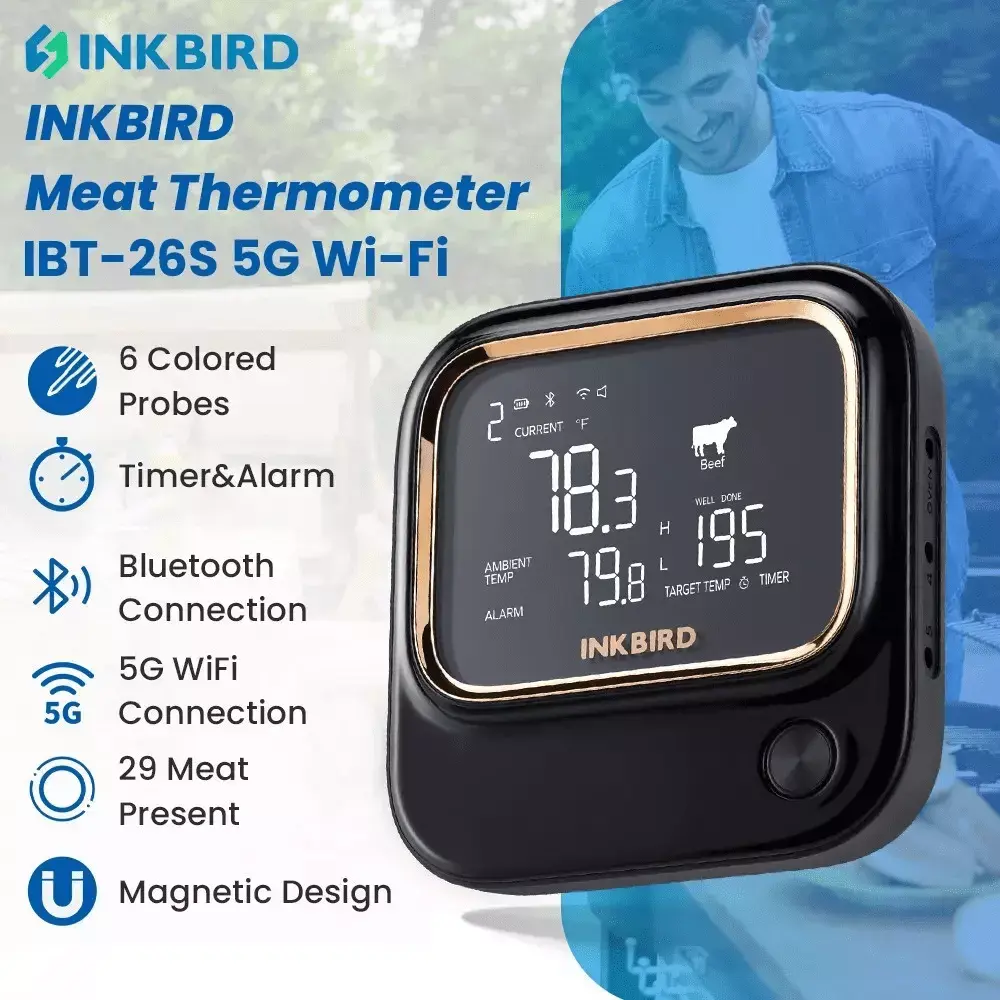 5G WiFi Cooking Meat Thermometer 6 Colored Probes for Cooking Grilling Smoking BBQ Oven. Bluetooth 5.1 Connection .Wireless APP Control. Alarm and Timer. Adjustable Backlit LCD. Rechargeable