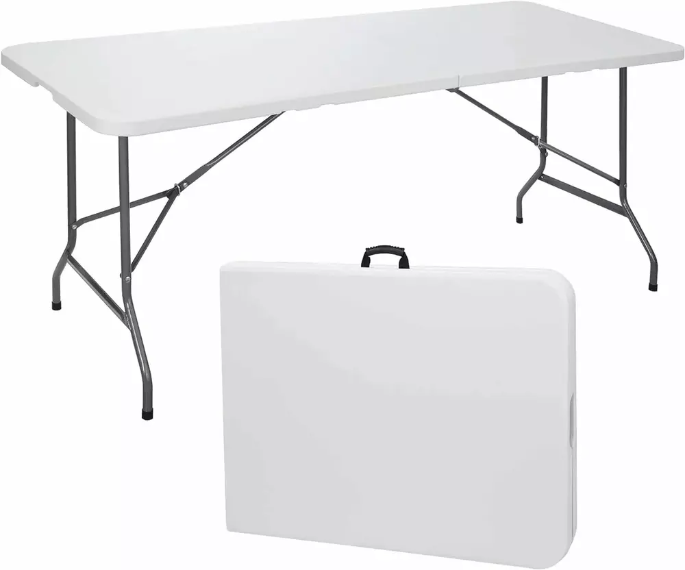 6 ft Indoor Outdoor Heavy Duty Plastic Folding Table Portable Picnic Table Fold-in-Half Utility Table w/Handle and Steel Legs for Camping. Dining. Party. 71 x 27 Inch. White