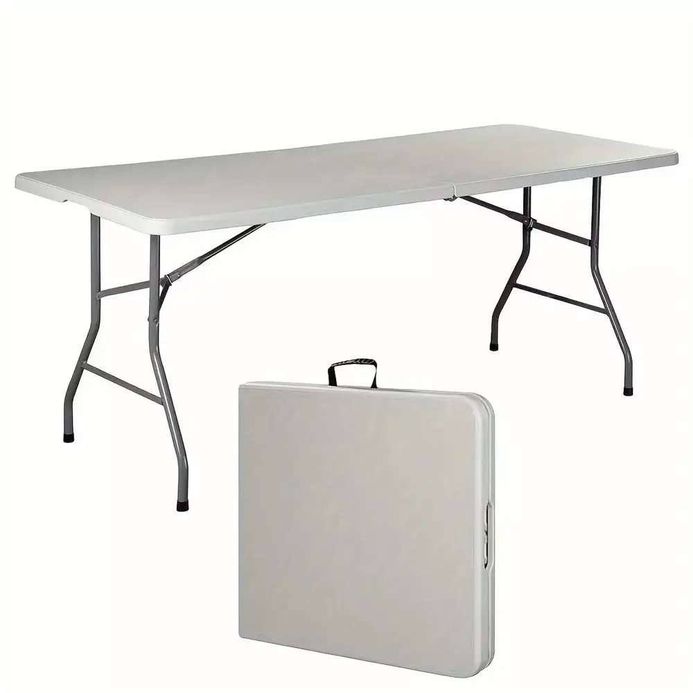 6 ft Indoor Outdoor Heavy Duty Plastic Folding Table Portable Picnic Table Fold-in-Half Utility Table w/Handle and Steel Legs for Camping. Dining. Party. 71 x 27 Inch. White