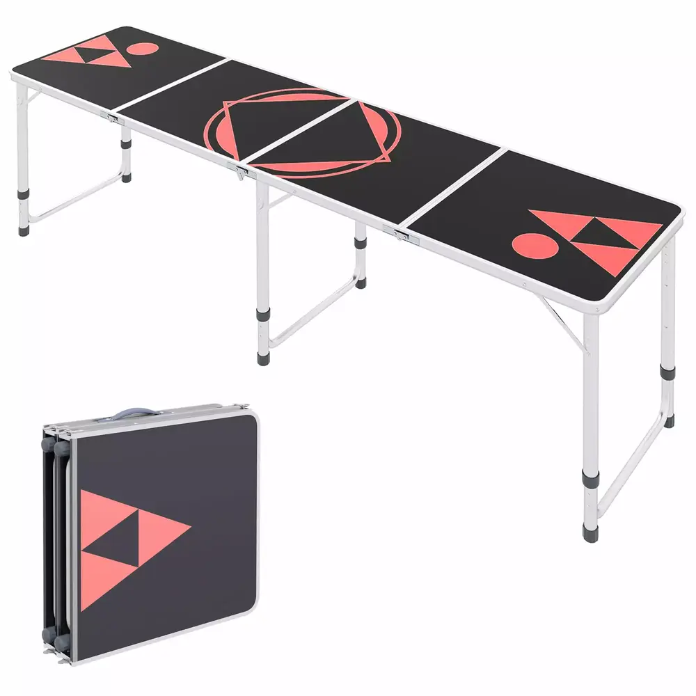8ft Portable Beer Pong Table with Adjustable Legs. Folding Camping Table. Aluminum Picnic Table. for Party. Travel. BBQ. Beach. Black and Red - Image 3