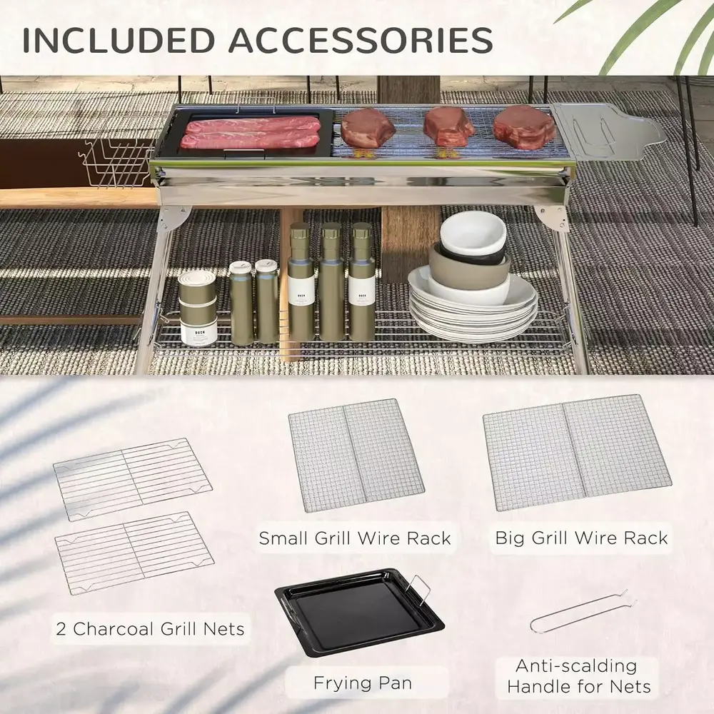 Charcoal Grill. Stainless Steel Travel-friendly Folding BBQ. Outdoor Hibachi for Backyard Cooking. Camping. Picnic. Party. Tailgating and Travel with Pan. Grill Rack. Shelves. and Hooks - Image 4