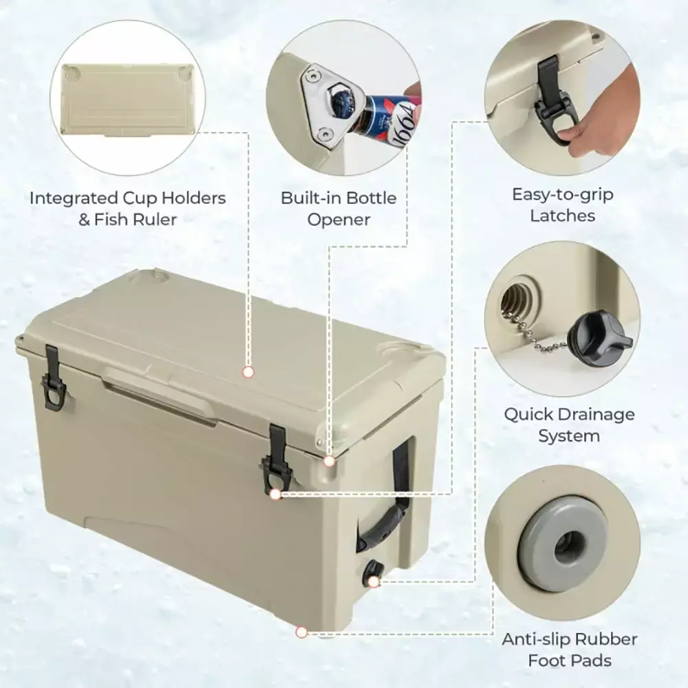 Canddidliike 50 QT Rotomolded Cooler Insulated Portable Ice Chest with Integrated Cup Holders-Tan. Heavy Duty Ice Chest. Camping Cooler for Beach Boat Fishing Hunting - Image 5