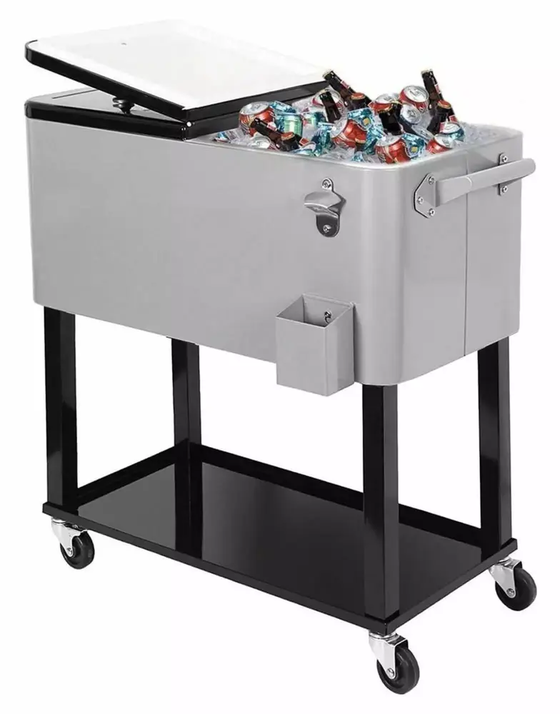 80 Quart Qt Rolling Cooler Ice Chest for Outdoor Patio Deck Party. Grey. Portable Party Bar Cold Drink Beverage Cart Tub. Backyard Cooler Trolley on Wheels with Shelf. Stand. &