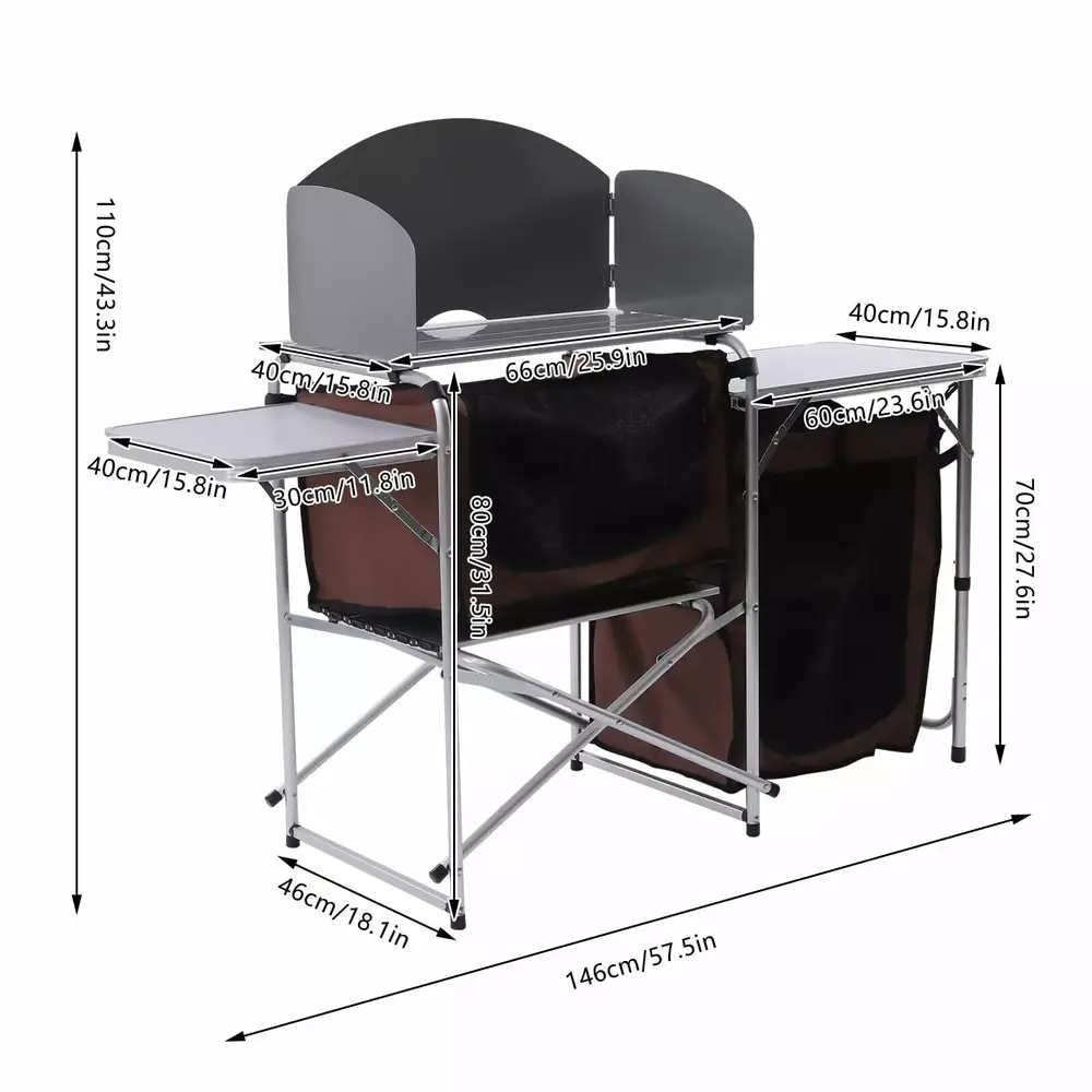 Folding Cooking Table. Outdoor Portable Grill Table. Camping Kitchen Station with Storage Organizer. Windscreen. 2 Side Tables for BBQ Grill Picnics Party - Image 4