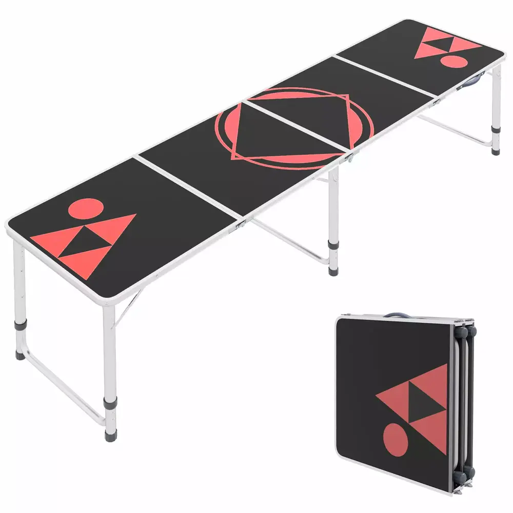8ft Portable Beer Pong Table with Adjustable Legs. Folding Camping Table. Aluminum Picnic Table. for Party. Travel. BBQ. Beach. Black and Red