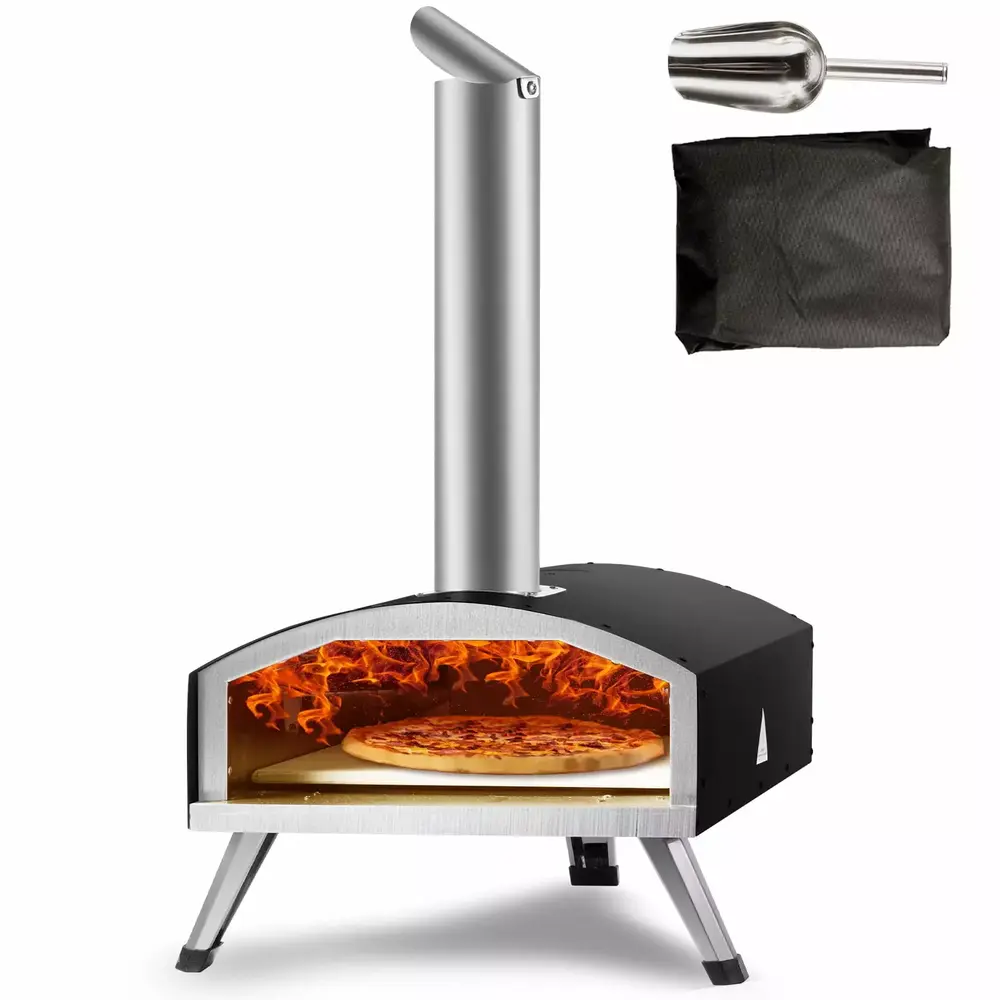 BENTISM 12'' Outdoor Pizza Oven Wood Pellet and Charcoal Fired Pizza Maker. Travel-friendly Outside Stainless Steel Pizza Grill with Pizza Stone. Waterproof Cover. Shovel. Wood Burner for Back