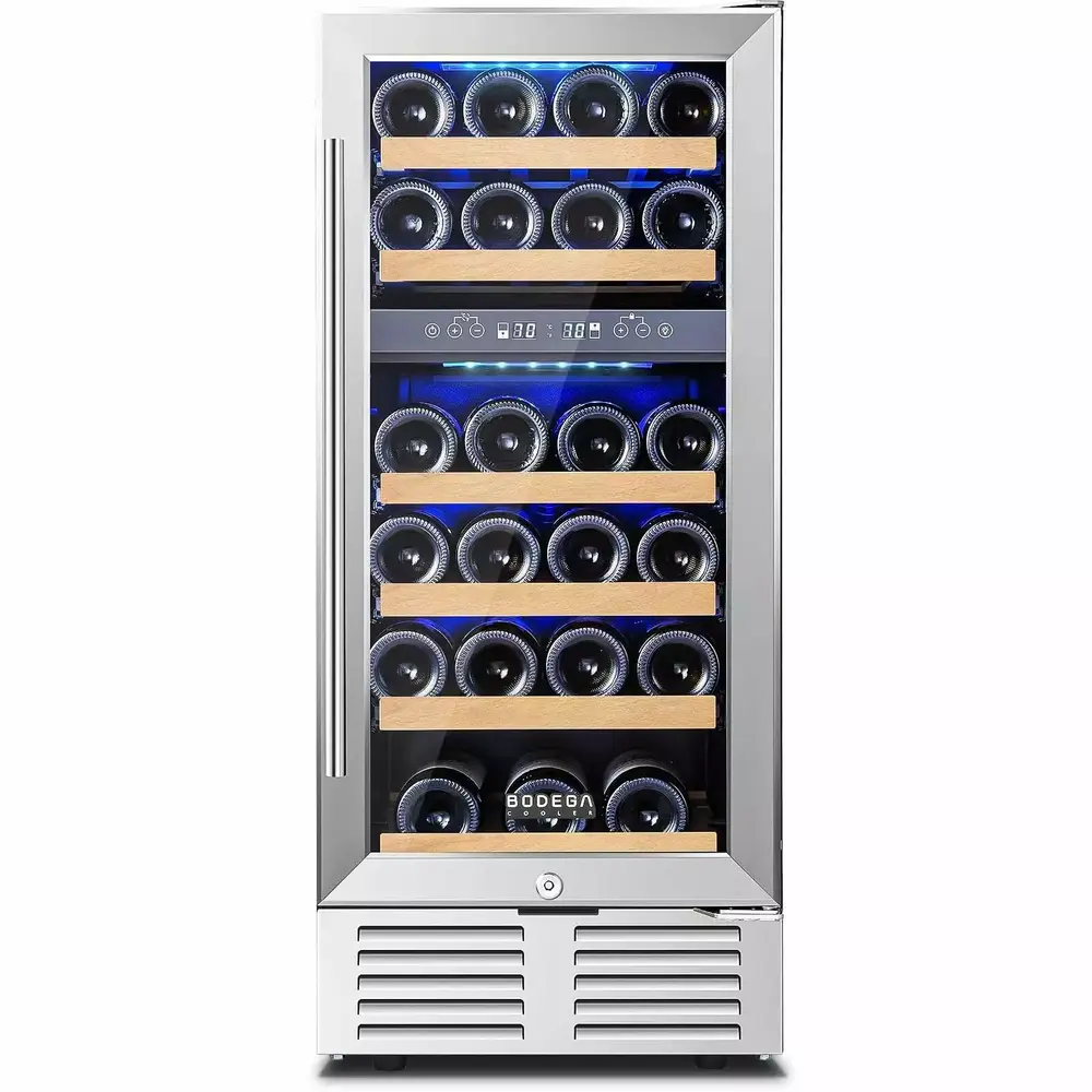 BODEGA 15 Inch Wine Cooler Under Counter. 28 Bottle Dual Zone Wine Fridge. with Double-Layer Glass Door. Temperature Memory and Digital Temperature Control. Built-in or Freestanding