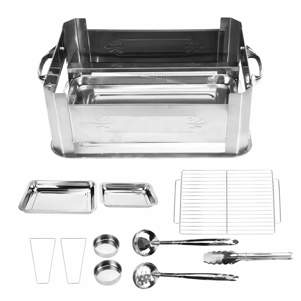 Barbecue Grill Thickened Stainless Steel Grilled Fish Stove Charcoal Alcohol Grill Rectangular Grill Fish RackWindproof with Pull Handle