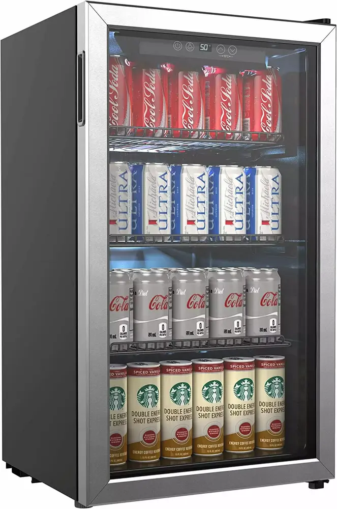 Beverage Refrigerator and Cooler - 120 Can Mini Fridge with Glass Door for Soda Beer or Wine - Small Drink Dispenser Machine for Office or Bar with Adjustable Removable Shelves