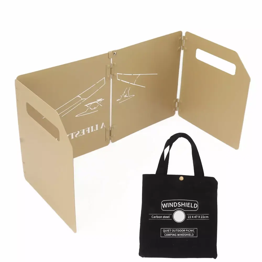 4 Plates Folding Stove Windscreen with Handle Thicken Oilproof Carbon Steel Camping Stove Windshield for Outdoors BBQ Khaki