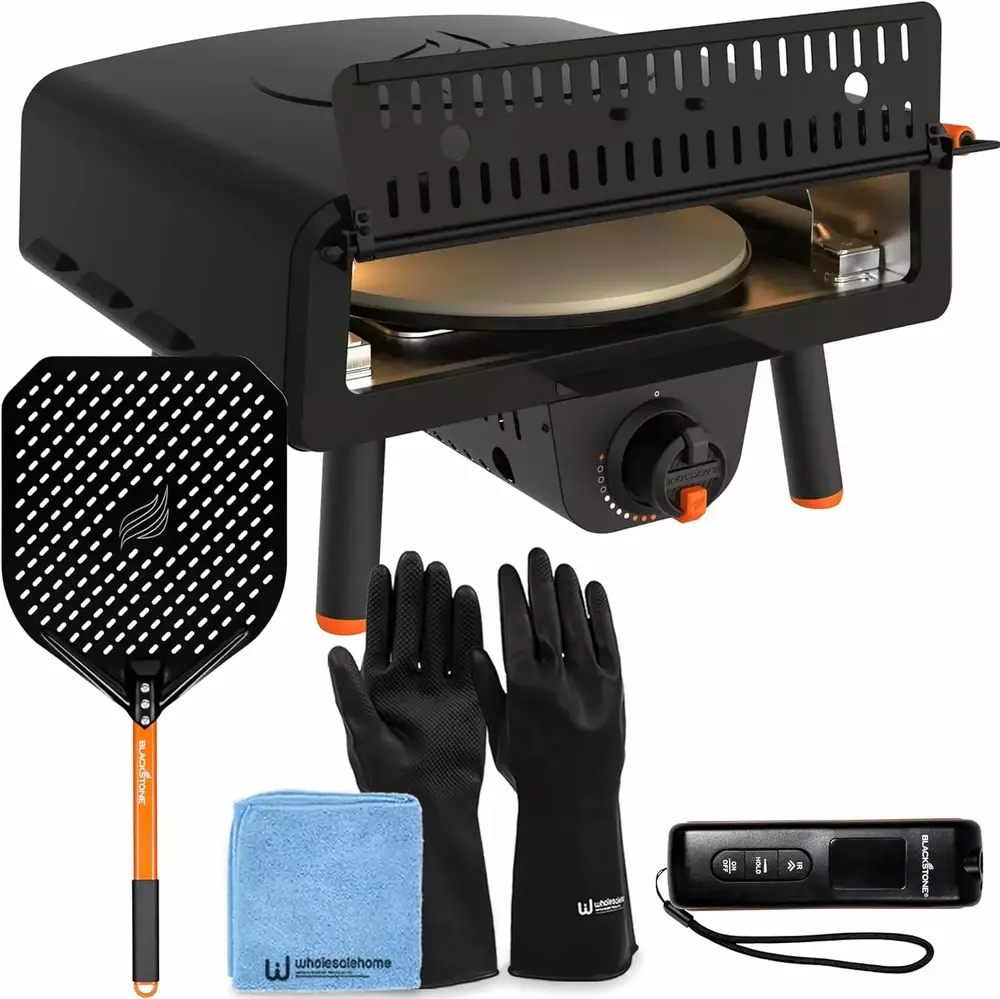 Blackstone Leggero Pizza Oven. Travel-friendly Outdoor Pizza Oven with 13 Rotating Stone. Blackstone Infrared Thermometer with Probe. Blackstone Black Aluminum Pizza Peel. and Wholesalehome Gloves & Cloth