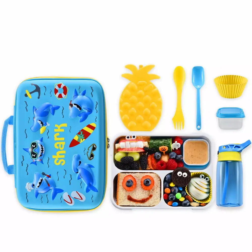COO&KOO Shark Lunch Bag Lunch Box Set. Include 3D Insulated Cooler Bag & Leakproof Water Bottle Pineapple Ice Pack Multipurpose Spork Spoon Silicone Cups Salad Box. Great for School Girls or Boys