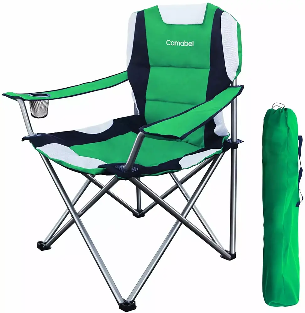 Camabel Folding Camping Lawn Padded Foldable Sports Chairs Lightweight Fold up Adult Camp Chairs with Cup Holder Highweight Capacity Bag Chair for Heavy Duty Beach Hiking Fishing Spectator Green