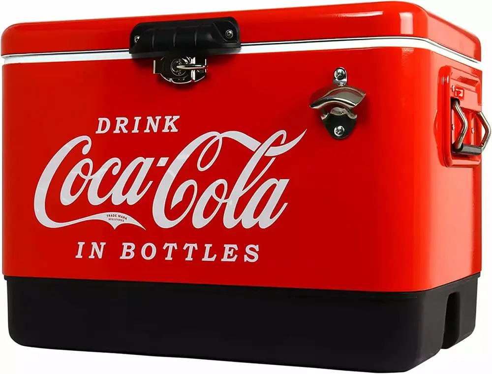 Coca-Cola Ice Chest Beverage Cooler with Bottle Opener. 51L (54 qt). 85 Can Capacity Portable Cooler. Red and Black. for Camping. Beach. RV. BBQs. Tailgating. Fishing