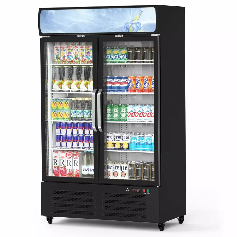 Commercial Refrigerator. 25 Cu. Ft. Display Fridge Merchandiser Upright Beverage Cooler. Double Glass Door Fridge with LED Light. Adjustable Shelves & Drink Organizers for Wine Soda