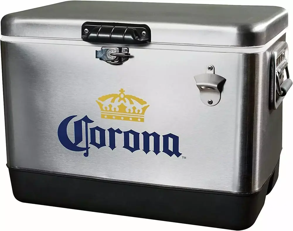 Corona Ice Chest Beverage Cooler with Bottle Opener. 51L (54 qt). 85 Can stainless steel Portable Cooler. Silver and Black. for Camping. Beach. RV. BBQs. Tailgating. Fishing